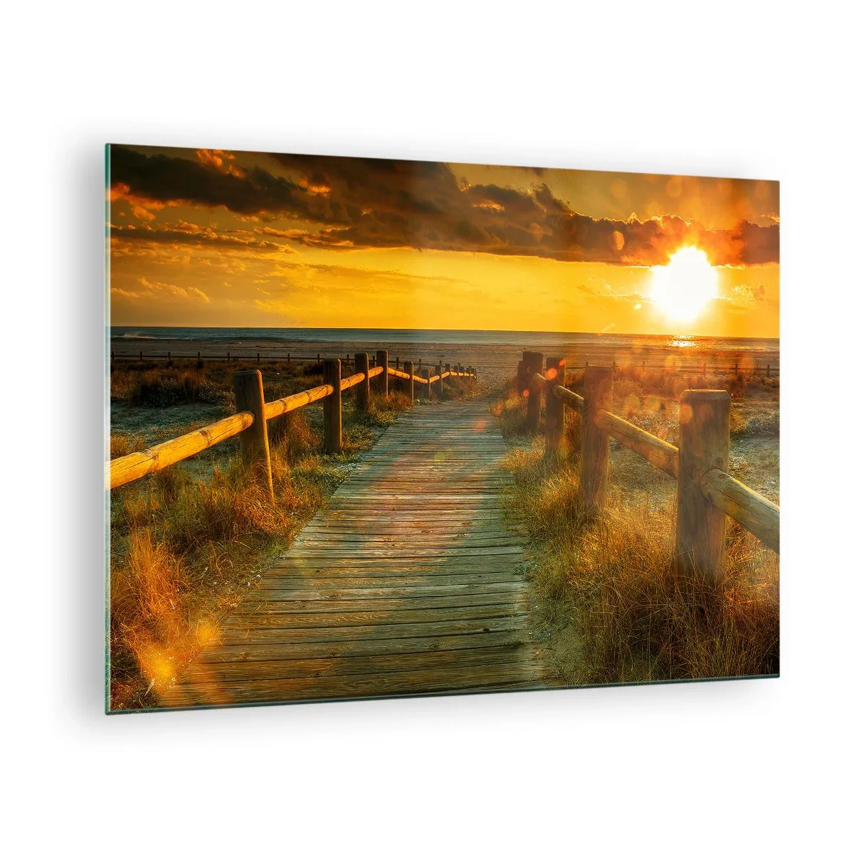 Quadro em vidro - Um caminho de madeira que leva em direção ao pôr do sol - 70x50cm - Banhado em ouro antigo - Decoração de parede moderna para a sala de estar e quarto ARTTOR