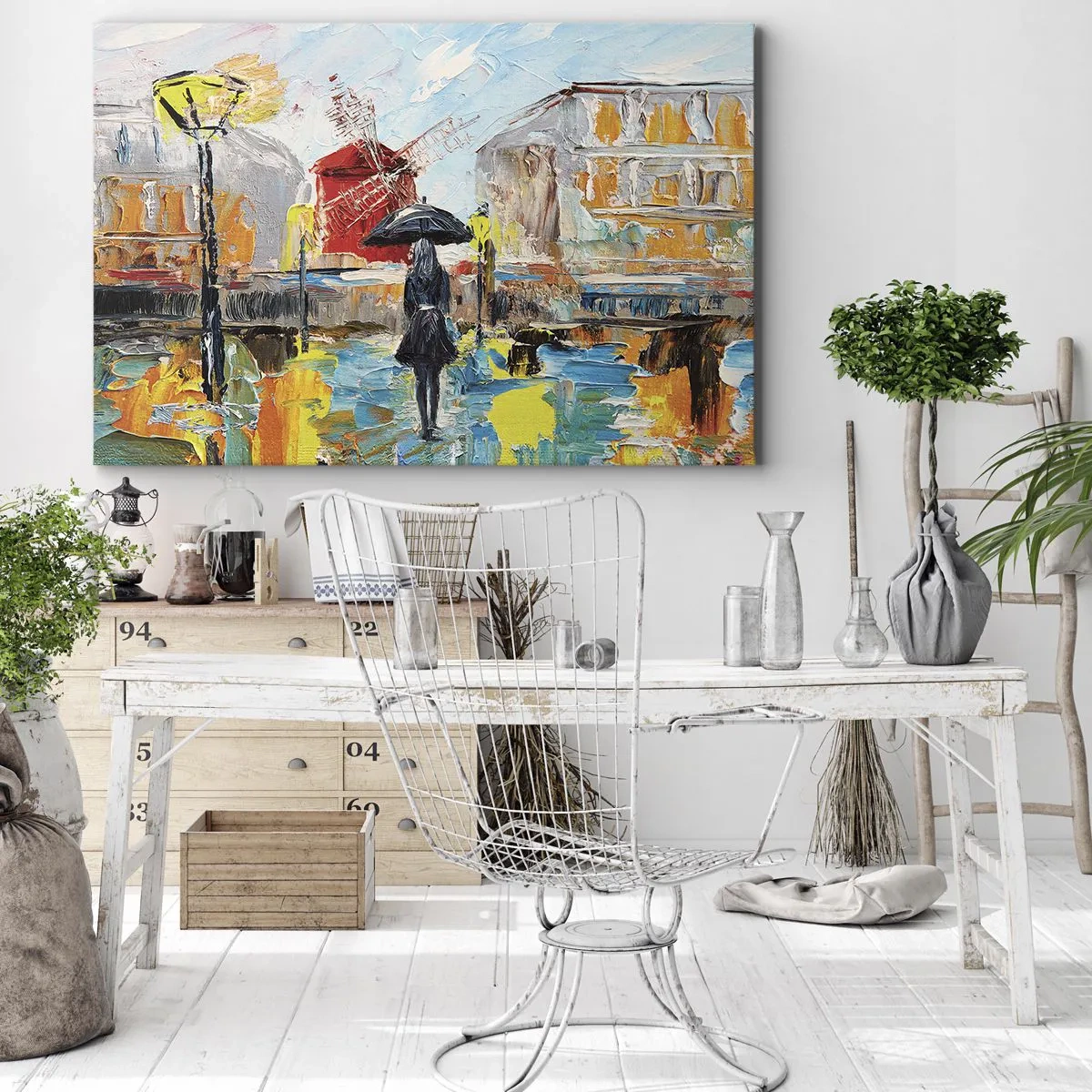 Quadro em tela - Uma cena pitoresca com um guarda-chuva tendo como pano de fundo Paris em cores vibrantes. - 70x50cm - Lendas parisienses - Decoração de parede moderna para a sala de estar e quarto ARTTOR