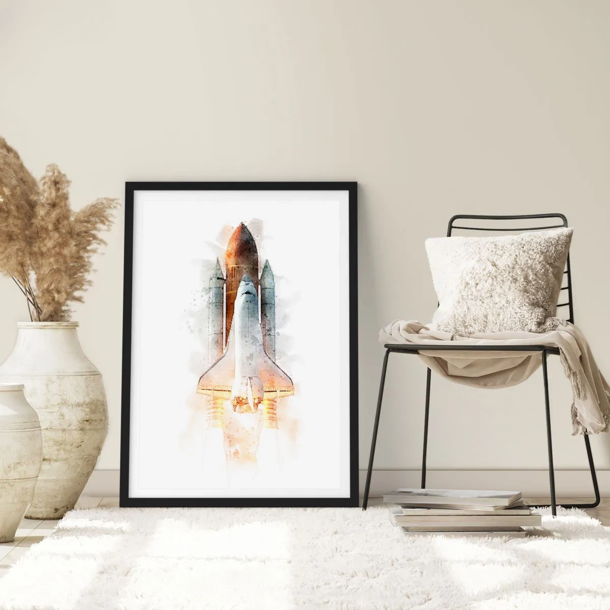 Pôster com moldura preta - Ônibus espacial em estilo aquarela decolando - 50x70cm - Exploradores para iniciantes - Decoração de parede moderna para a sala de estar e quarto ARTTOR