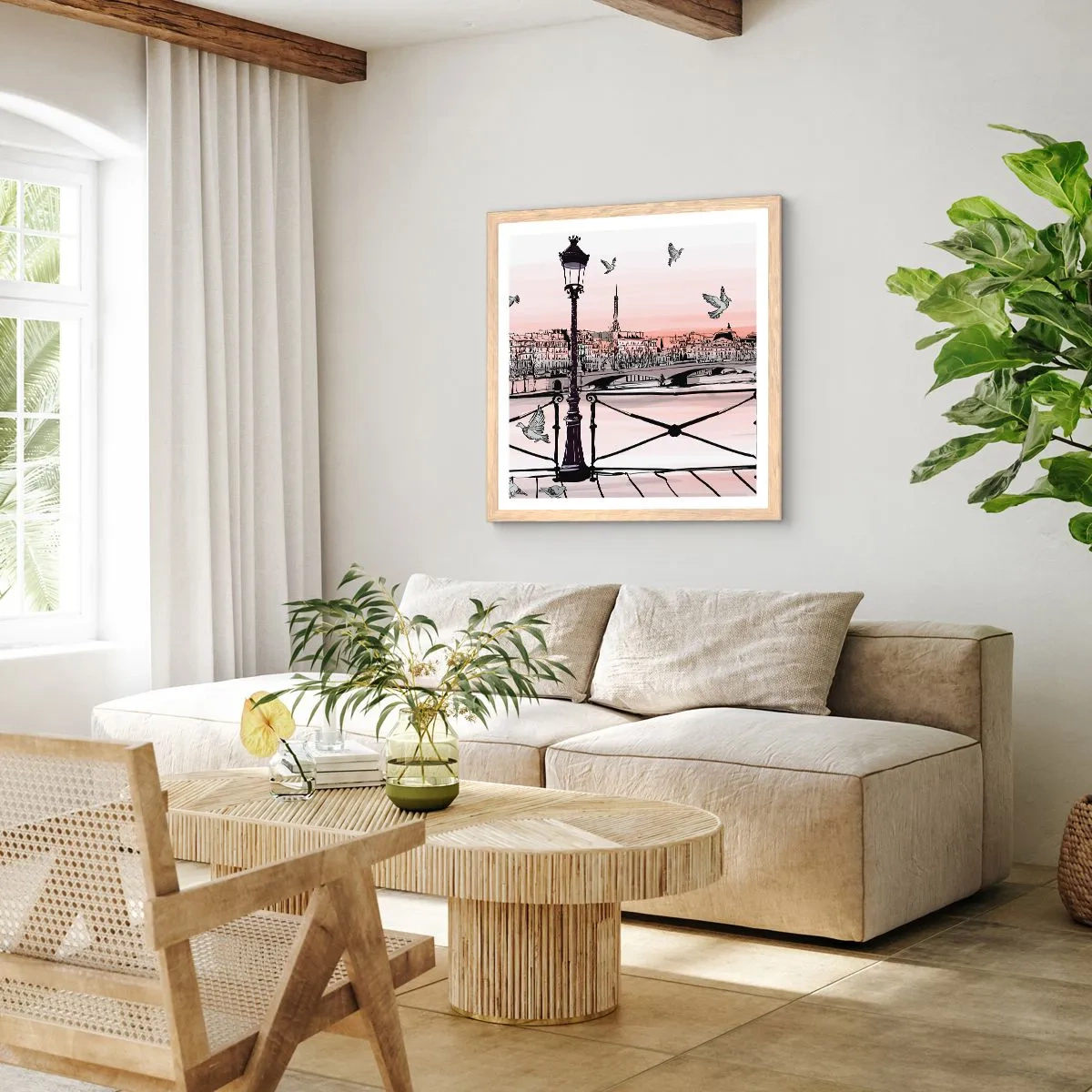 Pôster com moldura de carvalho claro - Sobre os telhados de Paris - 60x60 cm