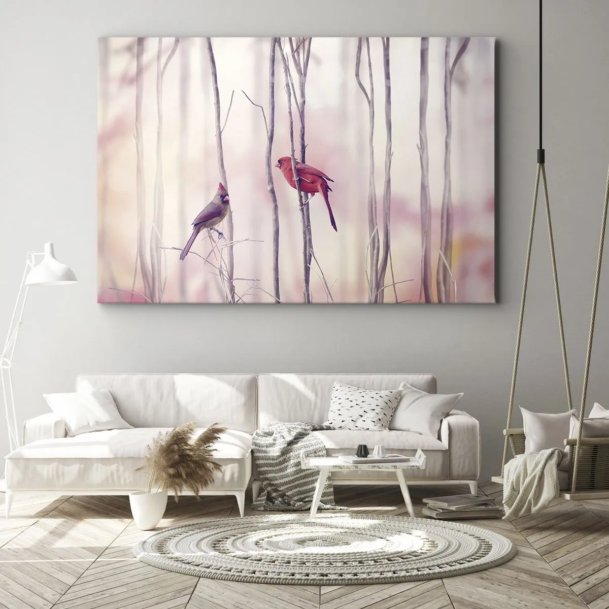 Quadro em tela - Um par de cardeais empoleirados em galhos em uma paisagem pastel - 70x50cm - O Conto da floresta rosa - Decoração de parede moderna para a sala de estar e quarto ARTTOR