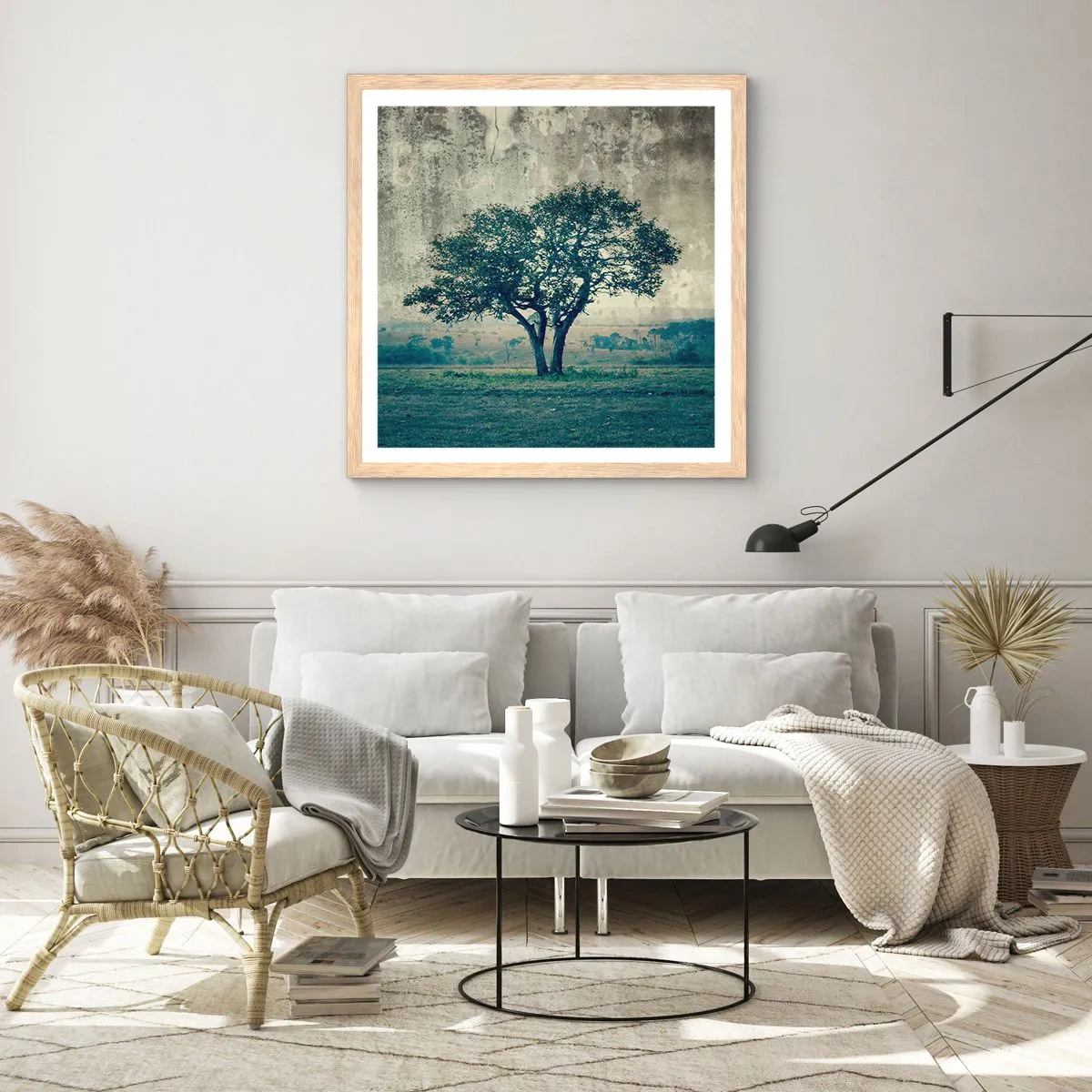 Pôster com moldura de carvalho claro - Uma macieira num prado azul? - 60x60 cm
