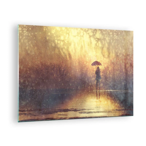 Quadro em vidro - Uma figura com um guarda-chuva à luz do pôr do sol e da chuva - 70x50cm - Sinto alguém a olhar para mim - Decoração de parede moderna para a sala de estar e quarto ARTTOR