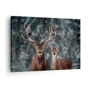 Quadro em tela - Veados em uma floresta de inverno coberta de neve - 70x50cm - O senhor da floresta com sua esposa - Decoração de parede moderna para a sala de estar e quarto ARTTOR