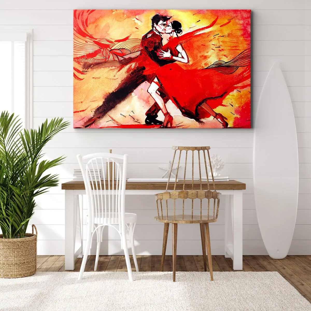 Quadro em tela - Um casal dançando tango em tons vermelhos contra um fundo dinâmico. - 70x50cm - O ritmo roxo da paixão - Decoração de parede moderna para a sala de estar e quarto ARTTOR
