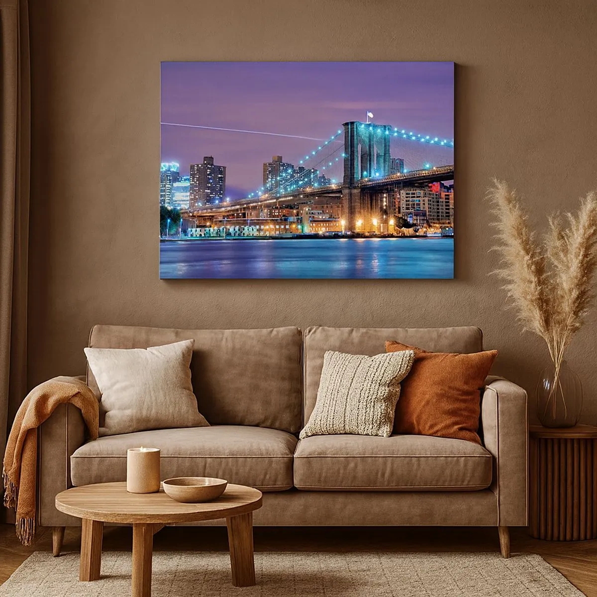 Quadro em tela - Ponte do Brooklyn à noite com a cidade iluminada ao fundo - 70x50cm - Por muitos anos, a Ponte do Brooklyn - Decoração de parede moderna para a sala de estar e quarto ARTTOR