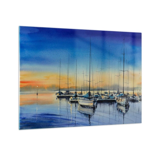 Quadro em vidro - Veleiros no porto ao pôr do sol - 70x50cm - Fim de um bom dia - Decoração de parede moderna para a sala de estar e quarto ARTTOR