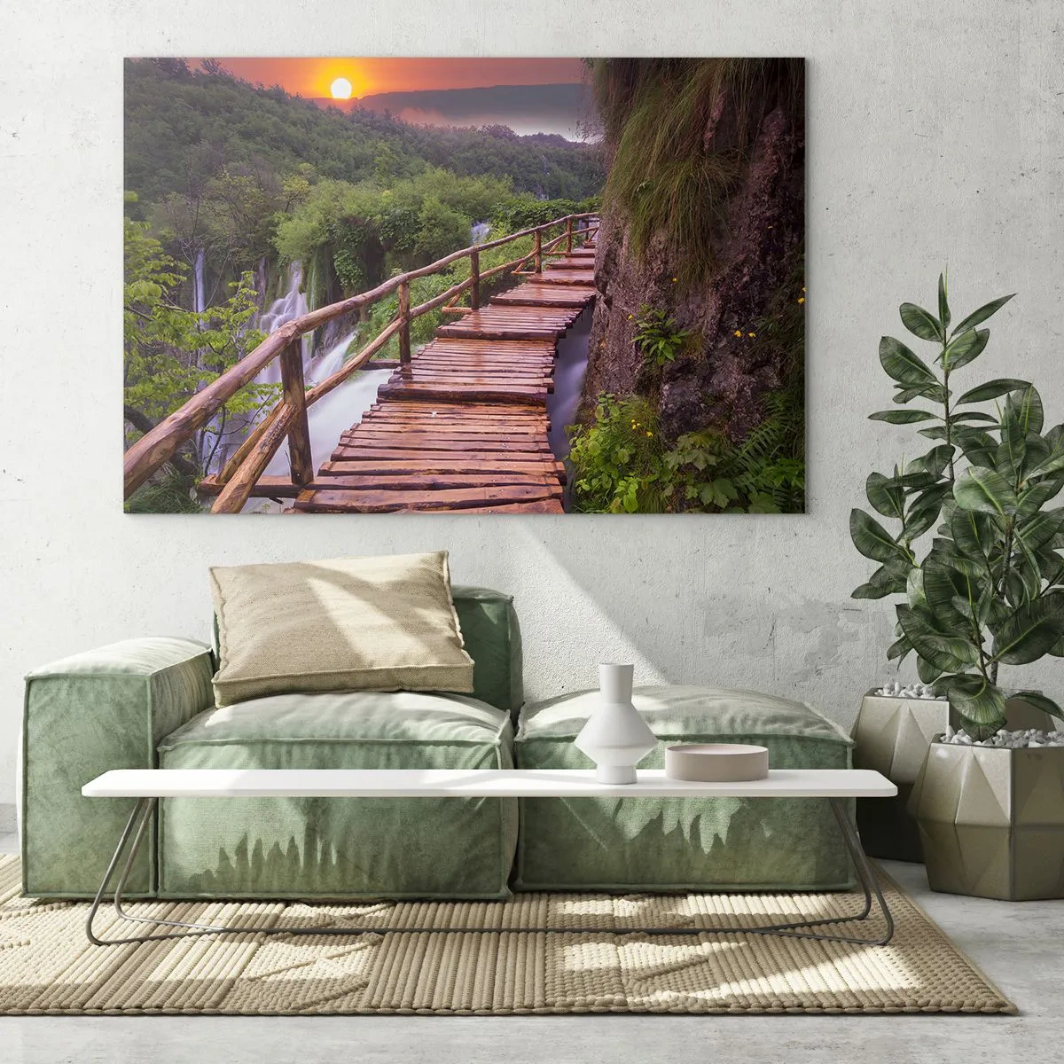 Quadro em vidro - Um caminho de madeira entre a vegetação ao pôr do sol - 70x50cm - Beleza inacreditável - Decoração de parede moderna para a sala de estar e quarto ARTTOR