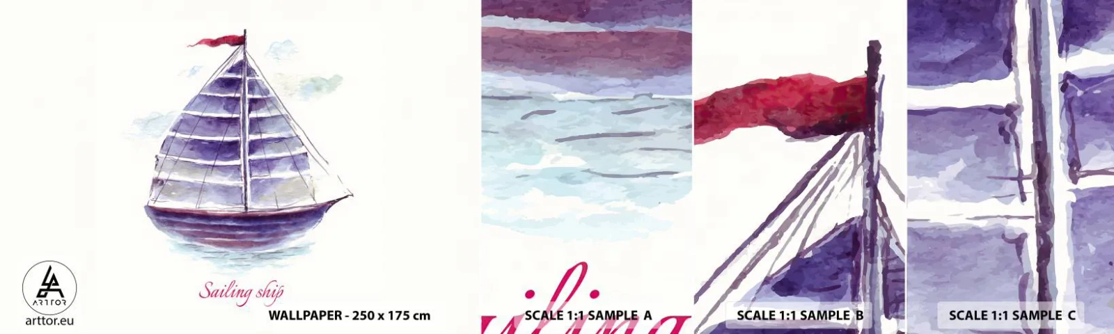 Amostra de papel de parede autocolante Deluxe Sticker - Cheio de velas e águas calmas - Barco a vela, Beira-mar, Mar - 100x30 cm