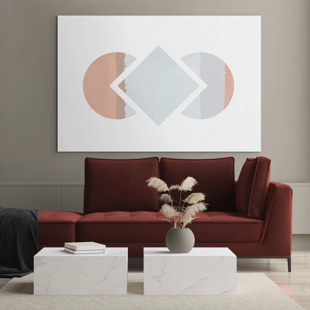 Quadro em vidro - Um losango pastel no centro, entre os semicírculos, sobre um fundo branco. - 70x50cm - A situação é clara - Decoração de parede moderna para a sala de estar e quarto ARTTOR