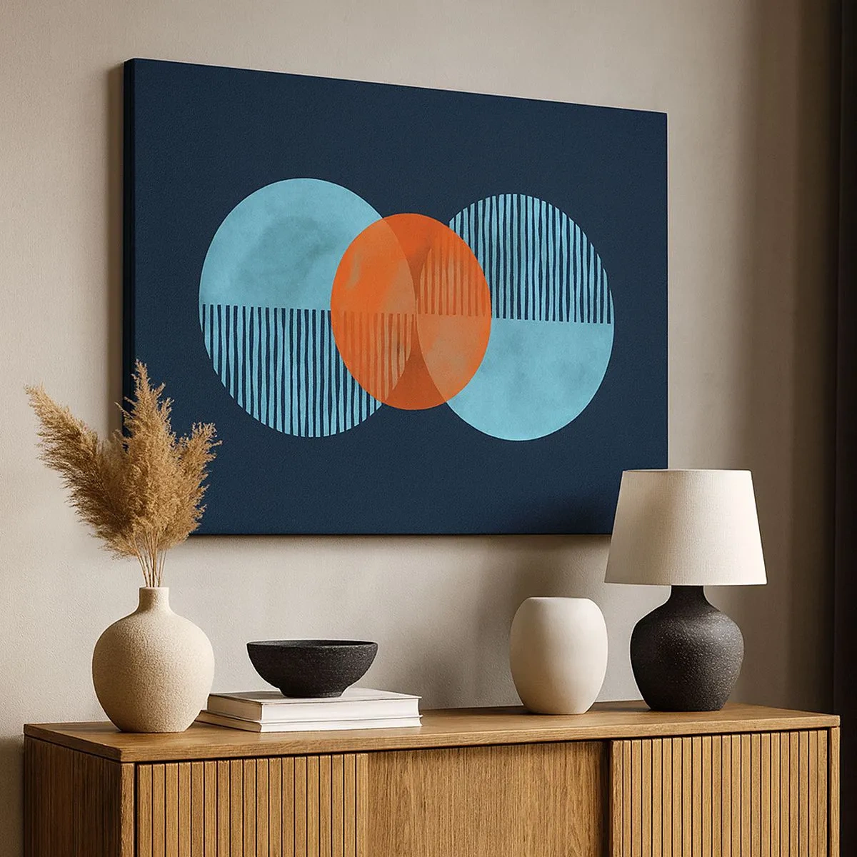 Quadro em tela - Círculos geométricos em tons de azul e laranja - 70x50cm - Obras de arte simétricas - Decoração de parede moderna para a sala de estar e quarto ARTTOR