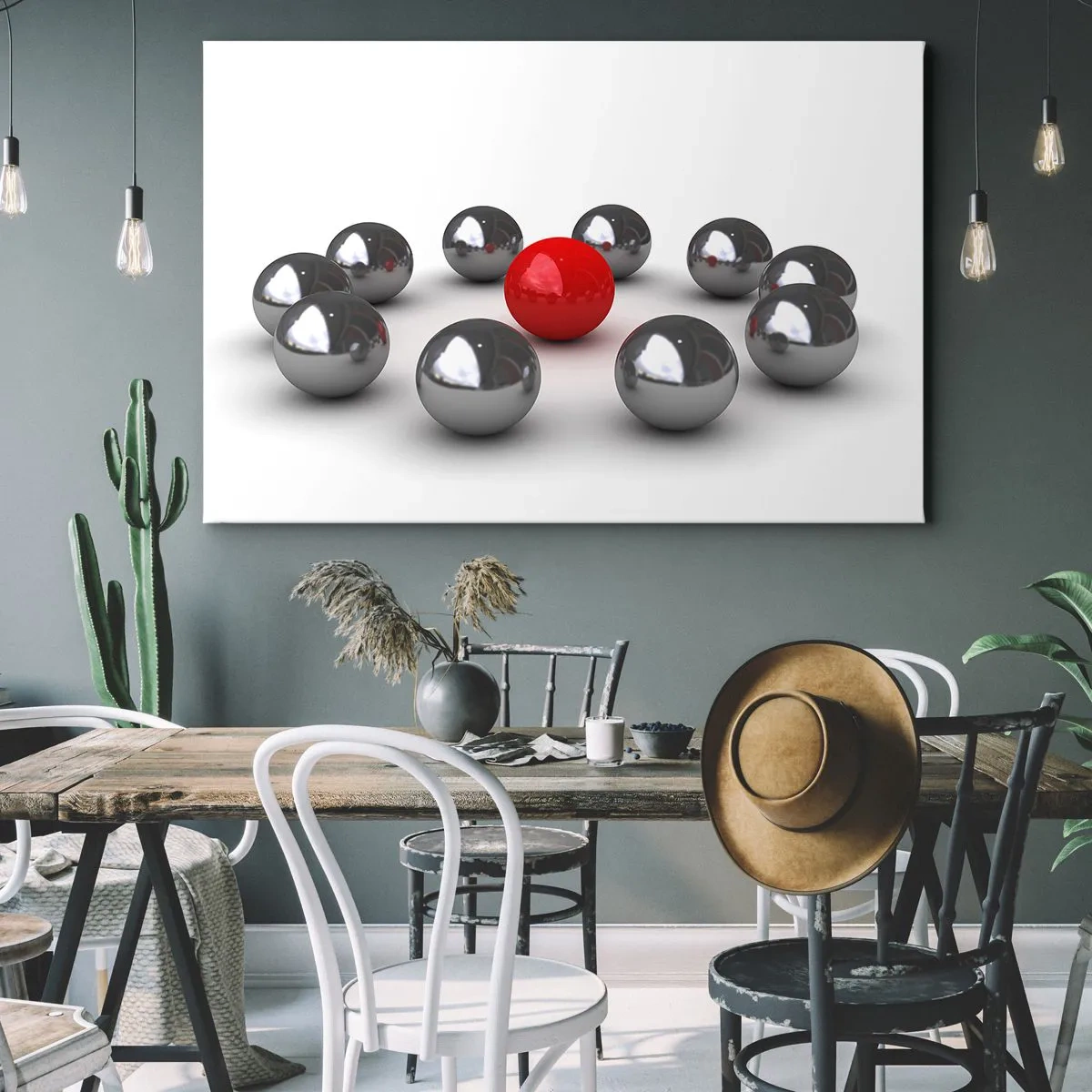 Quadro em tela - Uma bola vermelha cercada por bolas prateadas em um fundo branco - 70x50cm - Círculo em prata e vermelho - Decoração de parede moderna para a sala de estar e quarto ARTTOR