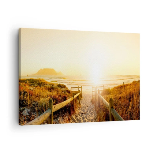 Quadro em tela - Caminho para a praia durante um pôr do sol dourado - 70x50cm - Pelaa duna, em direção ao sol - Decoração de parede moderna para a sala de estar e quarto ARTTOR