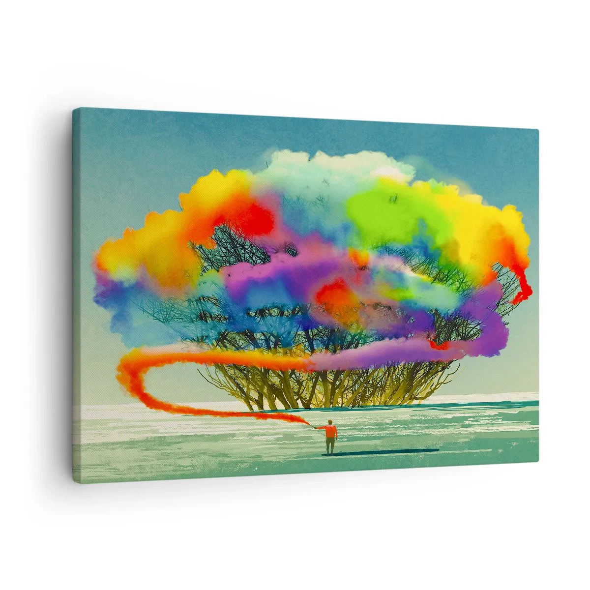 Quadro em tela - Uma figura com fumaça colorida no fundo de uma árvore no deserto - 70x50cm - Dar vida a este mundo - Decoração de parede moderna para a sala de estar e quarto ARTTOR