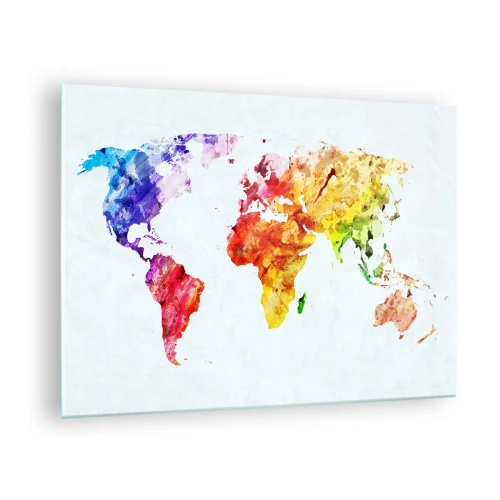 Quadro em vidro - Mapa-múndi em aquarela com cores brilhantes - 70x50cm - Todas as cores do mundo - Decoração de parede moderna para a sala de estar e quarto ARTTOR