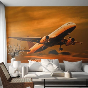 Papel de Parede Autocolante Deluxe Sticker - Voo em direção ao sol - Avião, Viagem, Pôr do sol - 150x105 cm