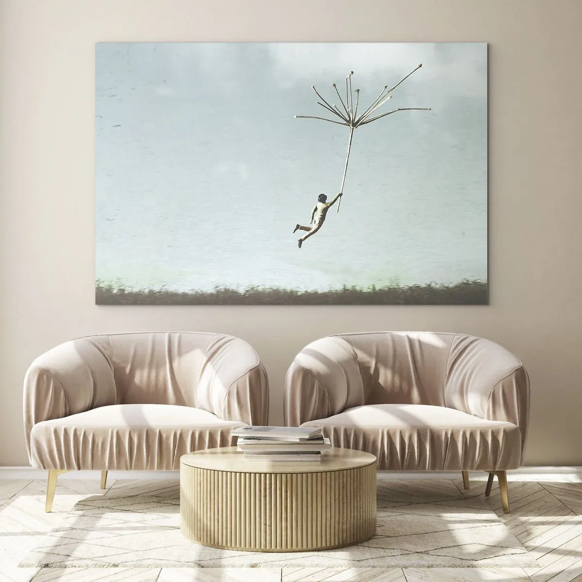 Quadro em vidro - Um menino voando com uma semente de dente-de-leão sobre um prado - 70x50cm - Papagaios, balões, vento - Decoração de parede moderna para a sala de estar e quarto ARTTOR