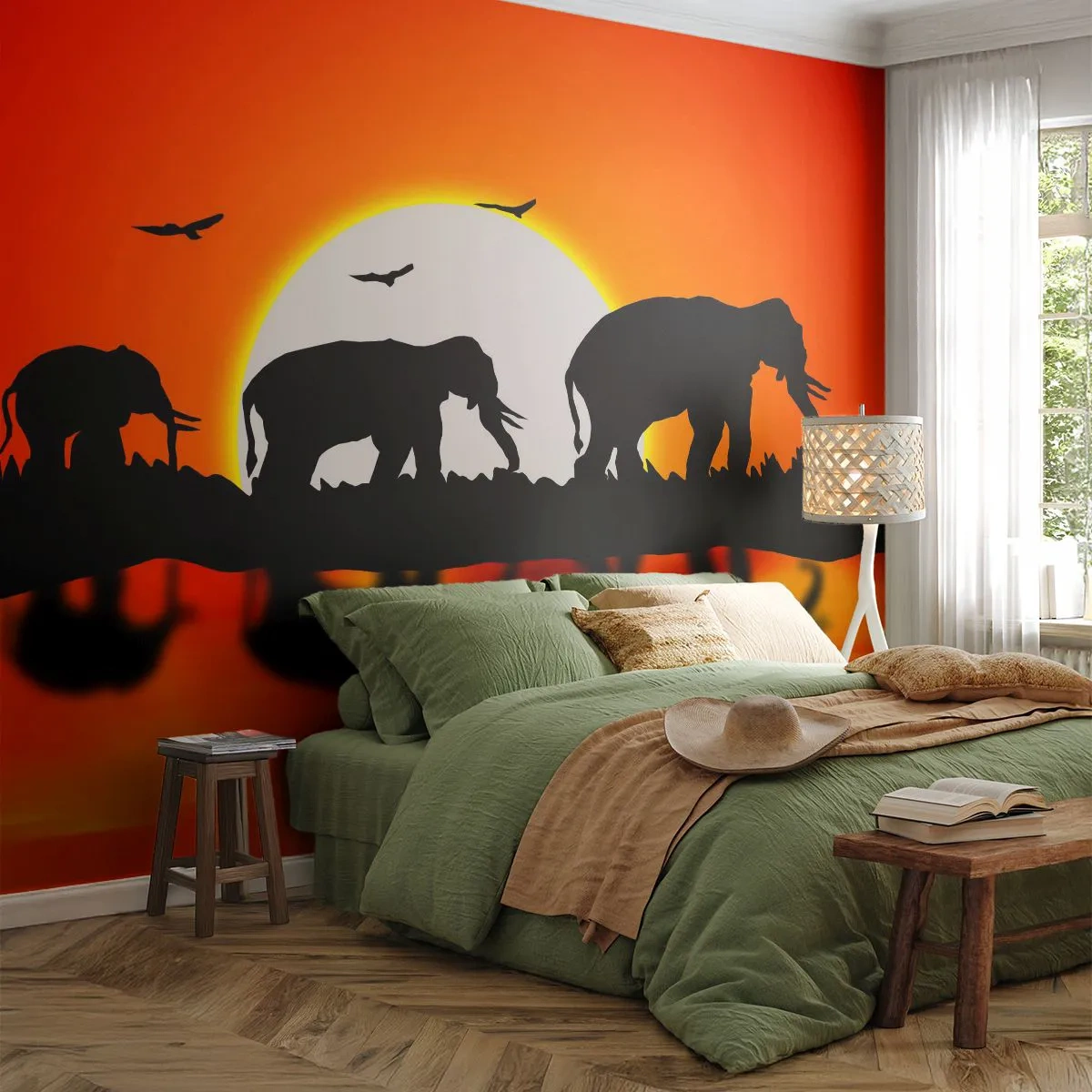 Papel de Parede Autocolante Deluxe Sticker - Uma pequena bebida à noite - Animais, África, Elefante - 400x280 cm