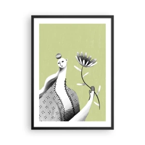 Pôster com moldura preta - Mulher minimalista segurando uma flor em um fundo verde - 50x70cm - Retrato modernista – segurando uma flor - Decoração de parede moderna para a sala de estar e quarto ARTTOR