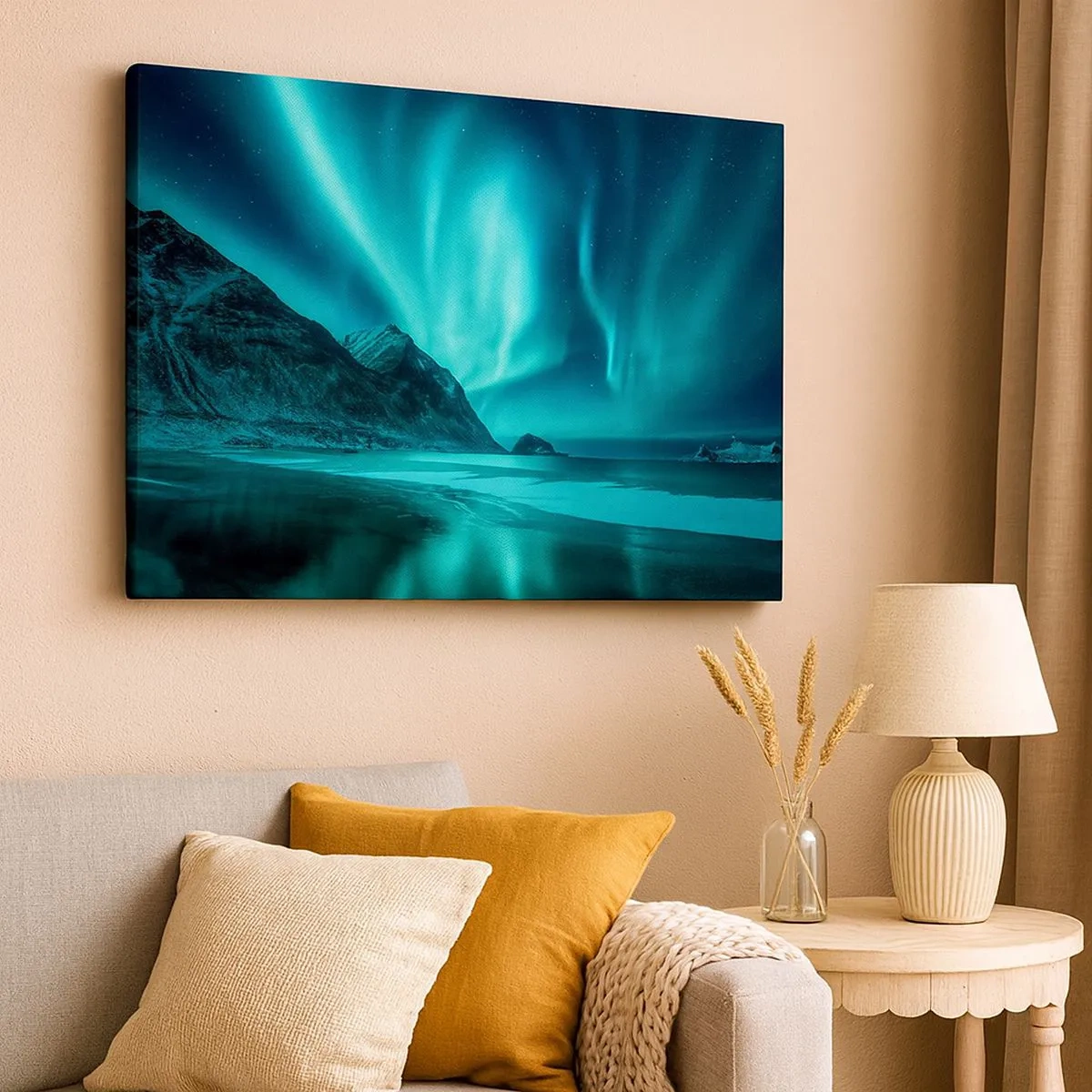 Quadro em tela - Aurora Boreal sobre uma paisagem montanhosa de inverno - 70x50cm - Maravilhas do Norte - Decoração de parede moderna para a sala de estar e quarto ARTTOR