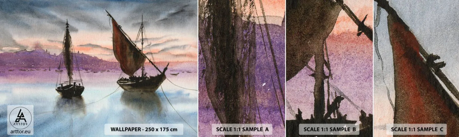 Amostra de Papel de Parede Standard Eco - Noite no porto - Veleiros, Beira-mar, Paisagem - 100x30 cm