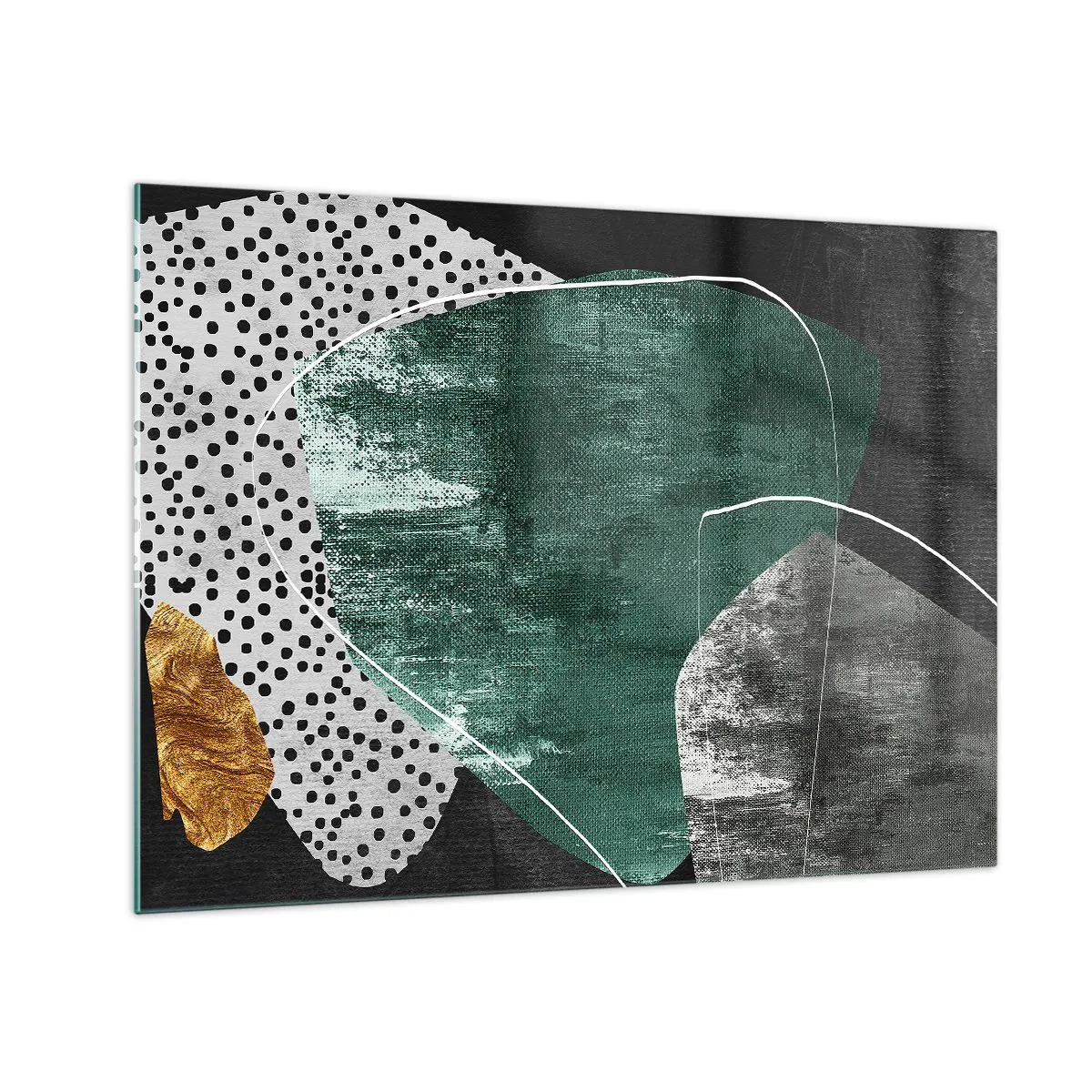 Quadro em vidro - Formas verdes com fundo preto e detalhes dourados - 70x50cm - Abstração colorida com folha de ouro - Decoração de parede moderna para a sala de estar e quarto ARTTOR