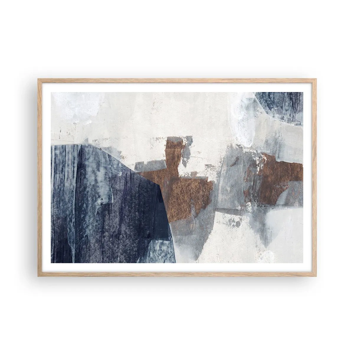 Pôster com moldura de carvalho claro - Formas azuis e marrons - 100x70 cm