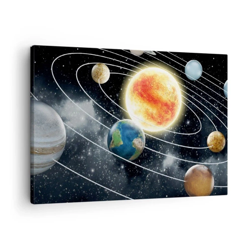 Quadro em tela - Sistema solar com planetas e sol no espaço - 70x50cm - Dança espacial - Decoração de parede moderna para a sala de estar e quarto ARTTOR