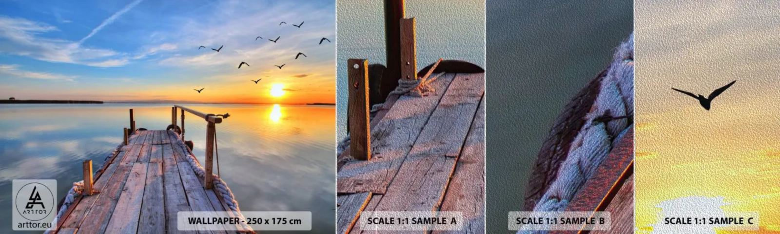 Amostra de papel de parede Premium Sand - Caminhando em direção ao sol - Paisagem, Lago, Ponte de madeira - 100x30 cm