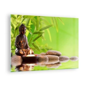 Quadro em vidro - Uma figura de Buda com uma vela acesa em um cenário verde - 70x50cm - A vida é linda - Decoração de parede moderna para a sala de estar e quarto ARTTOR