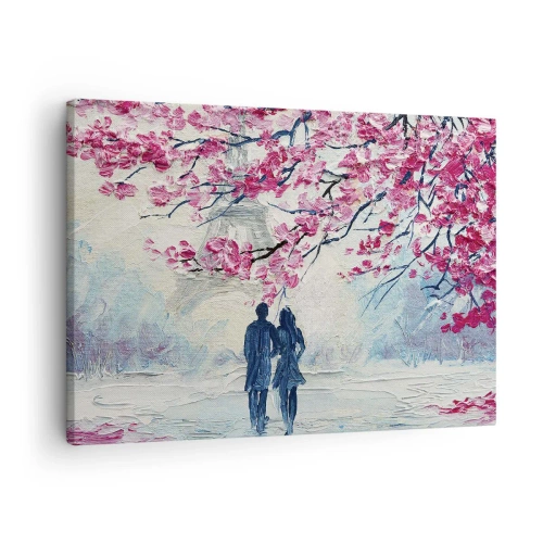 Quadro em tela - Um casal sob árvores cor-de-rosa floridas em um ambiente romântico - 70x50cm - Passeio romântico - Decoração de parede moderna para a sala de estar e quarto ARTTOR