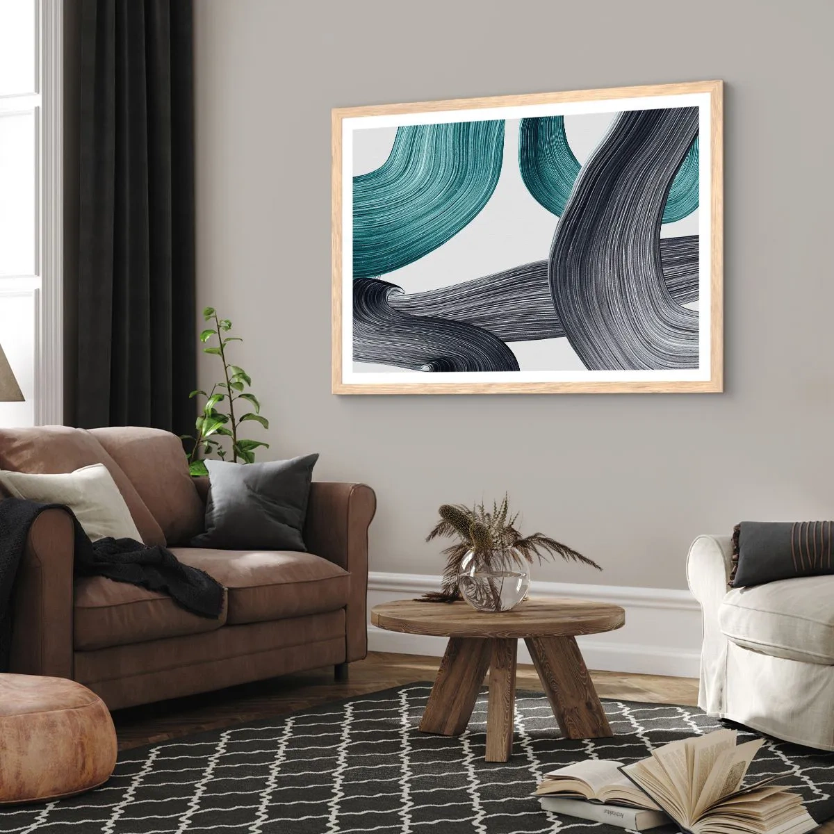 Pôster com moldura de carvalho claro - Trilhas esmeralda e preta - 91x61 cm