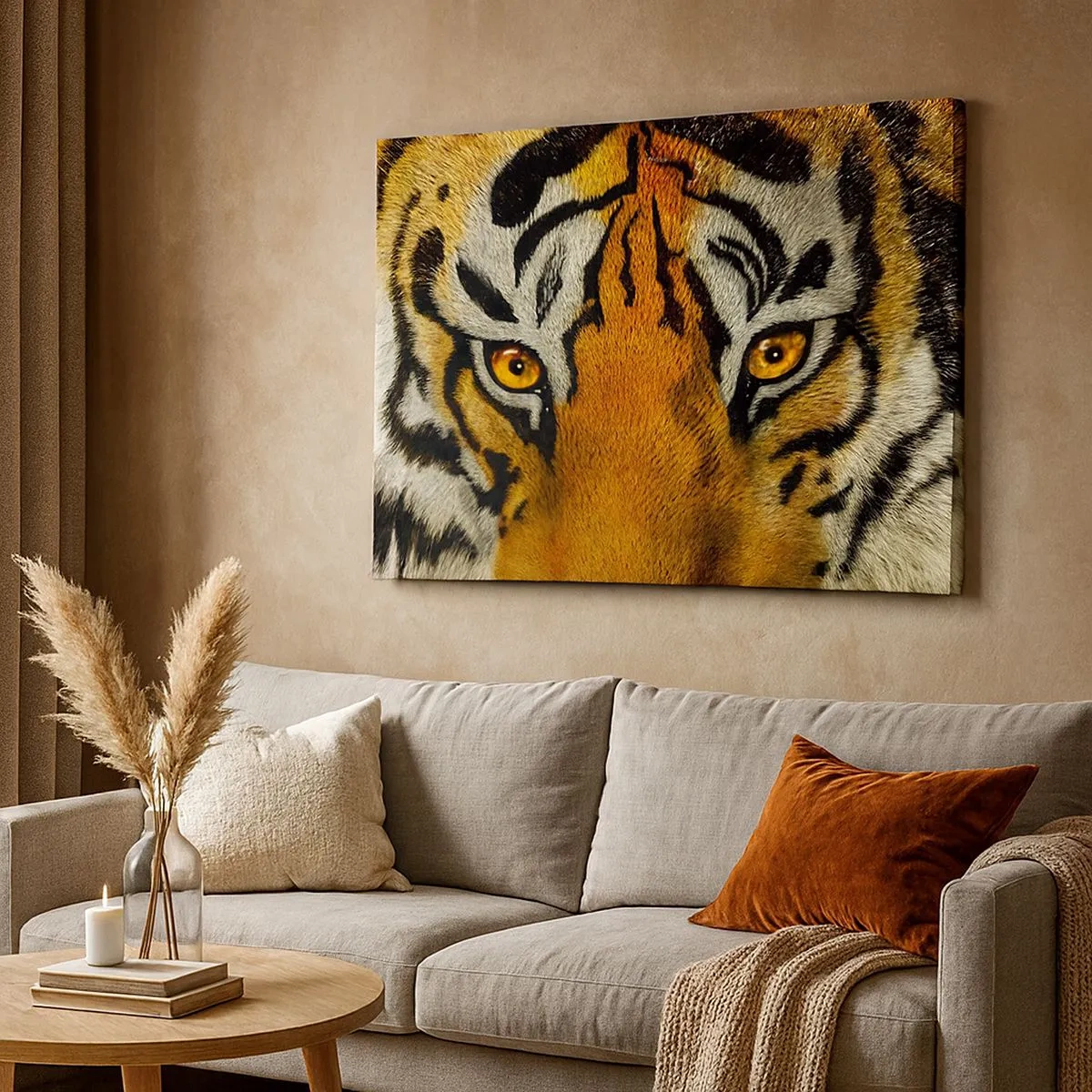 Quadro em tela - Retrato em close-up de um tigre com um olhar intenso - 70x50cm - Perigoso e bonito - Decoração de parede moderna para a sala de estar e quarto ARTTOR