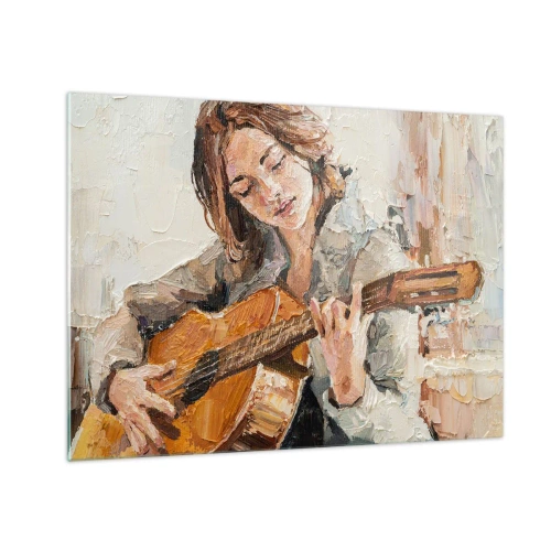 Quadro em vidro - Uma garota tocando violão em um estilo impressionista - 70x50cm - Concerto de violão e coração de rapariga - Decoração de parede moderna para a sala de estar e quarto ARTTOR