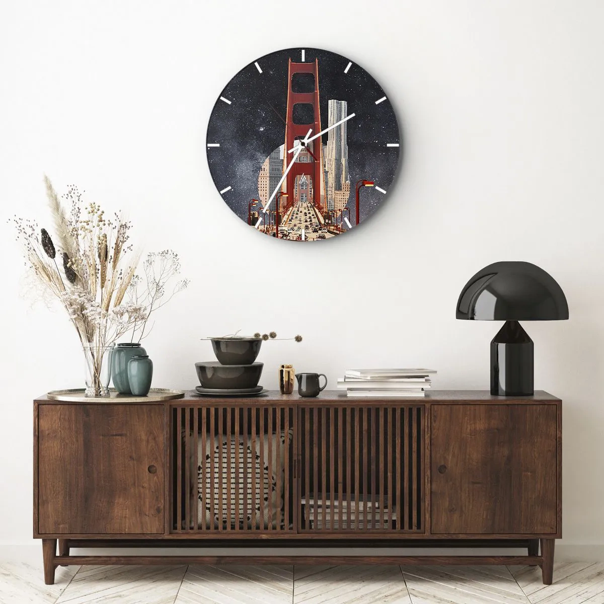 Relógio de parede - Relógio em vidro - A ponte da cidade à luz dos postes de luz contra o fundo do céu estrelado - 30x30cm - Sempre no centro - Decoração de parede moderna para a sala de estar, cozinha e quarto ARTTOR