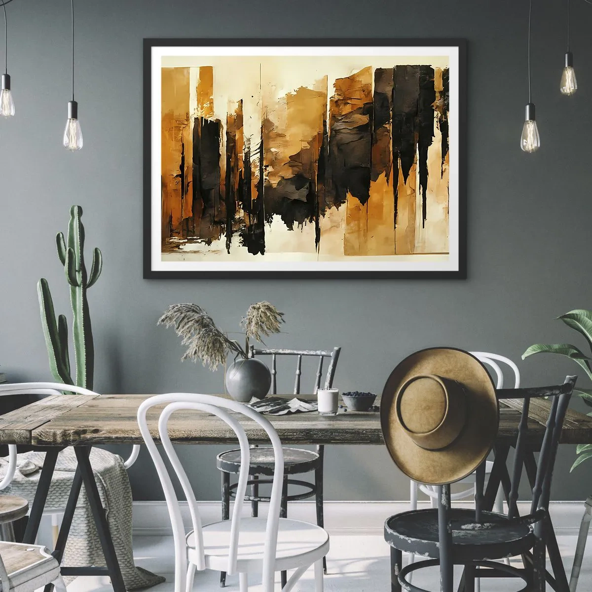 Pôster com moldura preta - Harmonia de preto e dourado - 50x40 cm