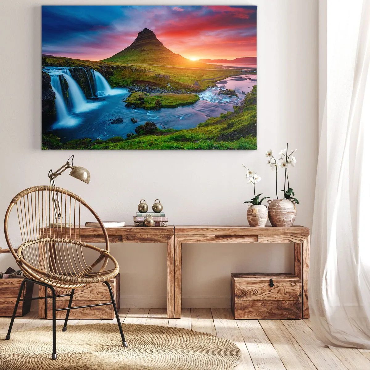 Quadro em tela - Cachoeira pitoresca e montanha ao pôr do sol - 70x50cm - Islândia - fogo e água - Decoração de parede moderna para a sala de estar e quarto ARTTOR