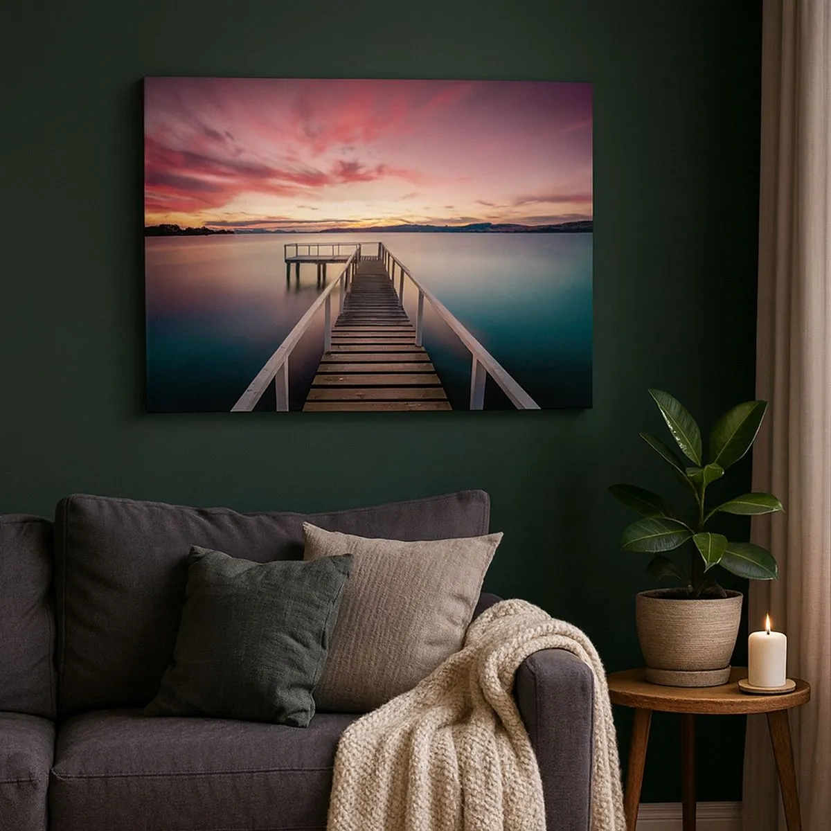 Quadro em tela - Um cais que leva a um lago tranquilo ao pôr do sol - 70x50cm - A chama suave da noite - Decoração de parede moderna para a sala de estar e quarto ARTTOR