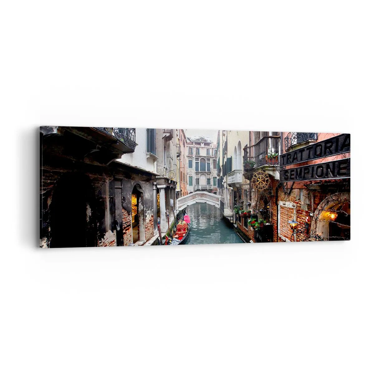 Quadro em tela - Paisagem veneziana com gôndola e ponte - 90x30 cm