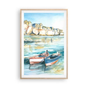 Pôster com moldura de carvalho claro - Paisagem em azul - 61x91 cm