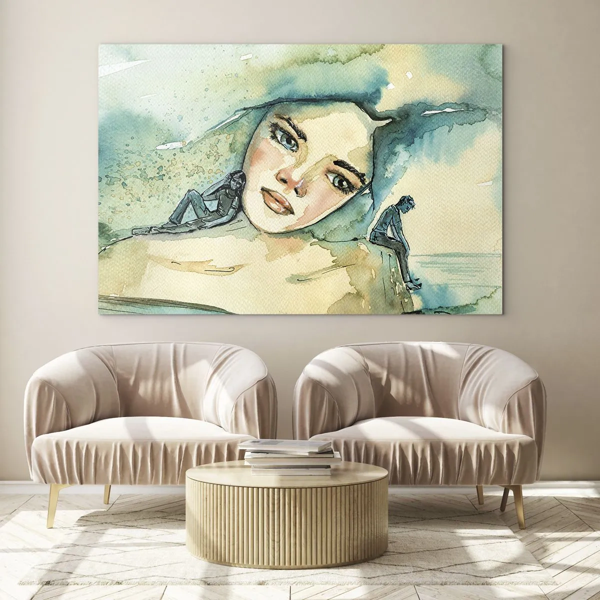 Quadro em vidro - Retrato de uma mulher em estilo aquarela com silhuetas de figuras - 70x50cm - Am I blue? - Decoração de parede moderna para a sala de estar e quarto ARTTOR