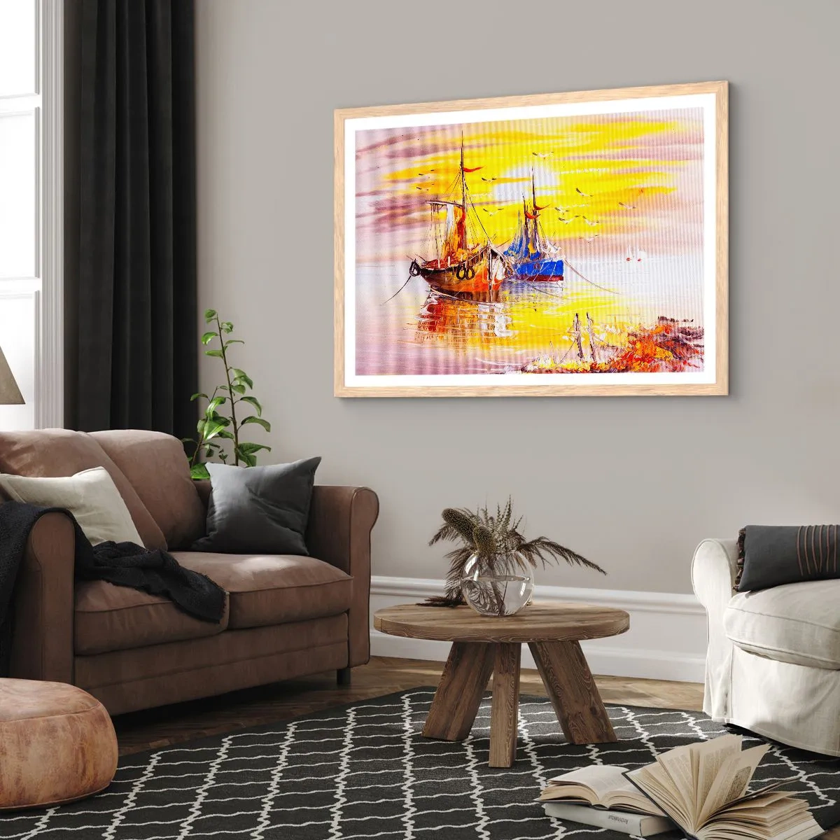 Pôster com moldura de carvalho claro - Um merecido descanso no porto - 70x50 cm