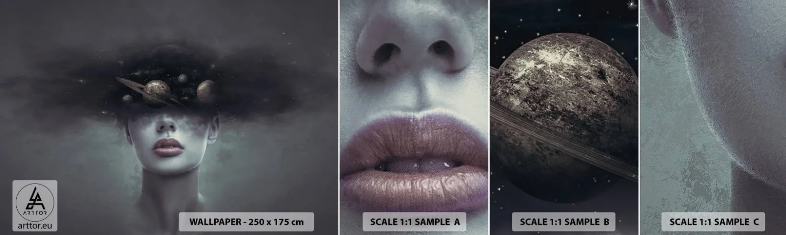 Amostra de papel de parede autocolante Deluxe Sticker - E os planetas estão a enlouquecer... - Abstração, Rosto de Mulher, Cosmos - 100x30 cm