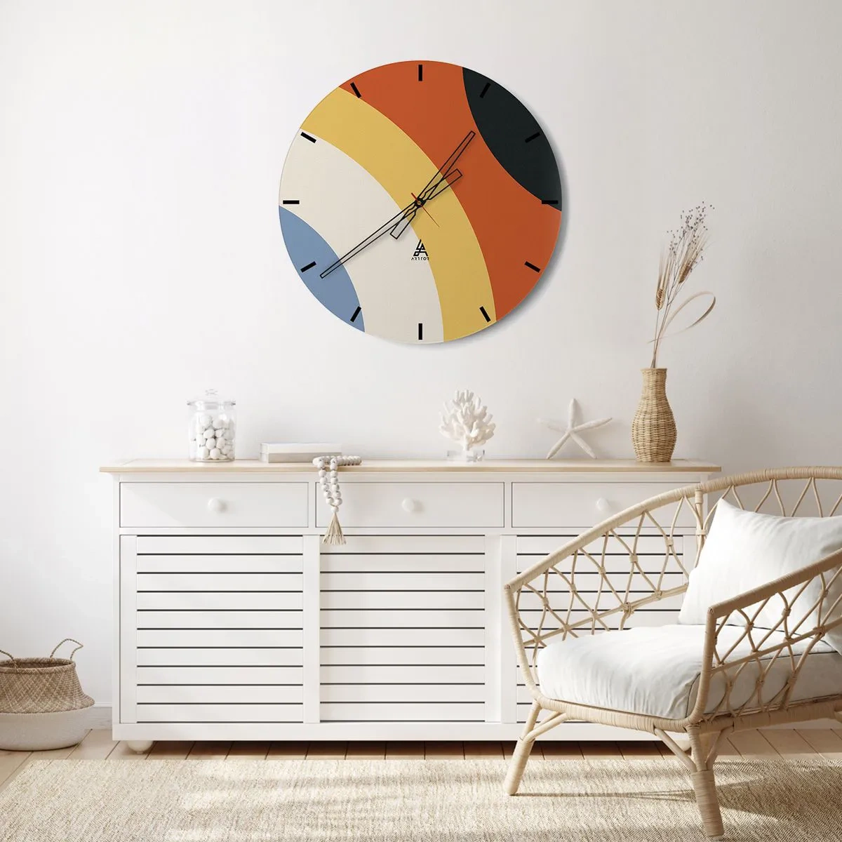Relógio de parede - Relógio em vidro - Arcos geométricos em tons de laranja, bege e azul - 30x30cm - Um para o outro - Decoração de parede moderna para a sala de estar, cozinha e quarto ARTTOR