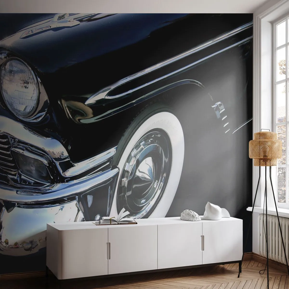Papel de Parede Premium Sand - Clássicos em prata, preto e branco - Automotivo, Carro, Branco e preto - 400x280 cm