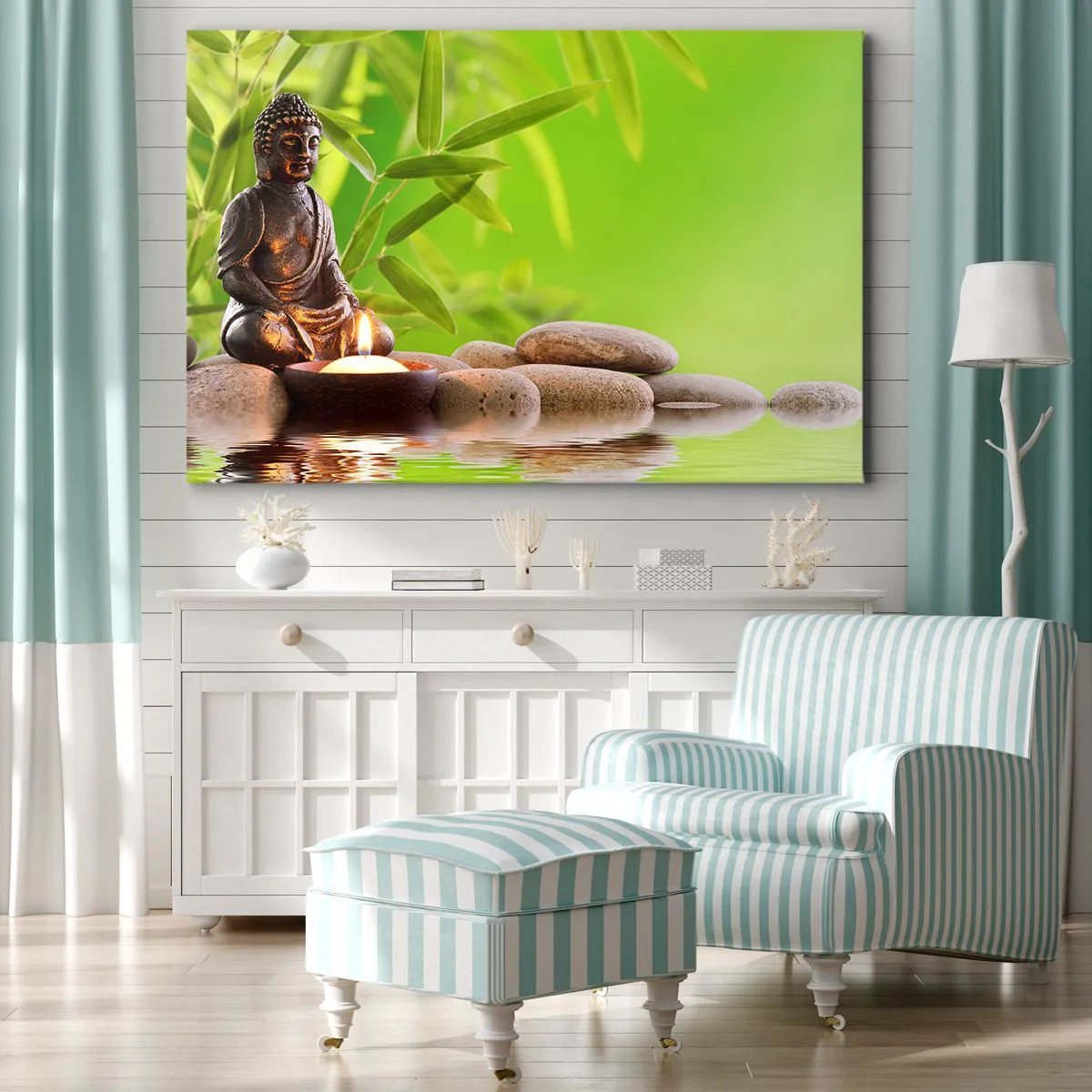 Quadro em tela - Figura de Buda com pedras e uma vela sobre um fundo de bambu - 70x50cm - A vida é linda - Decoração de parede moderna para a sala de estar e quarto ARTTOR