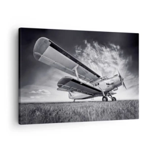 Quadro em tela - Um avião contra um céu dramático em preto e branco - 70x50cm - Andarilho alado - Decoração de parede moderna para a sala de estar e quarto ARTTOR