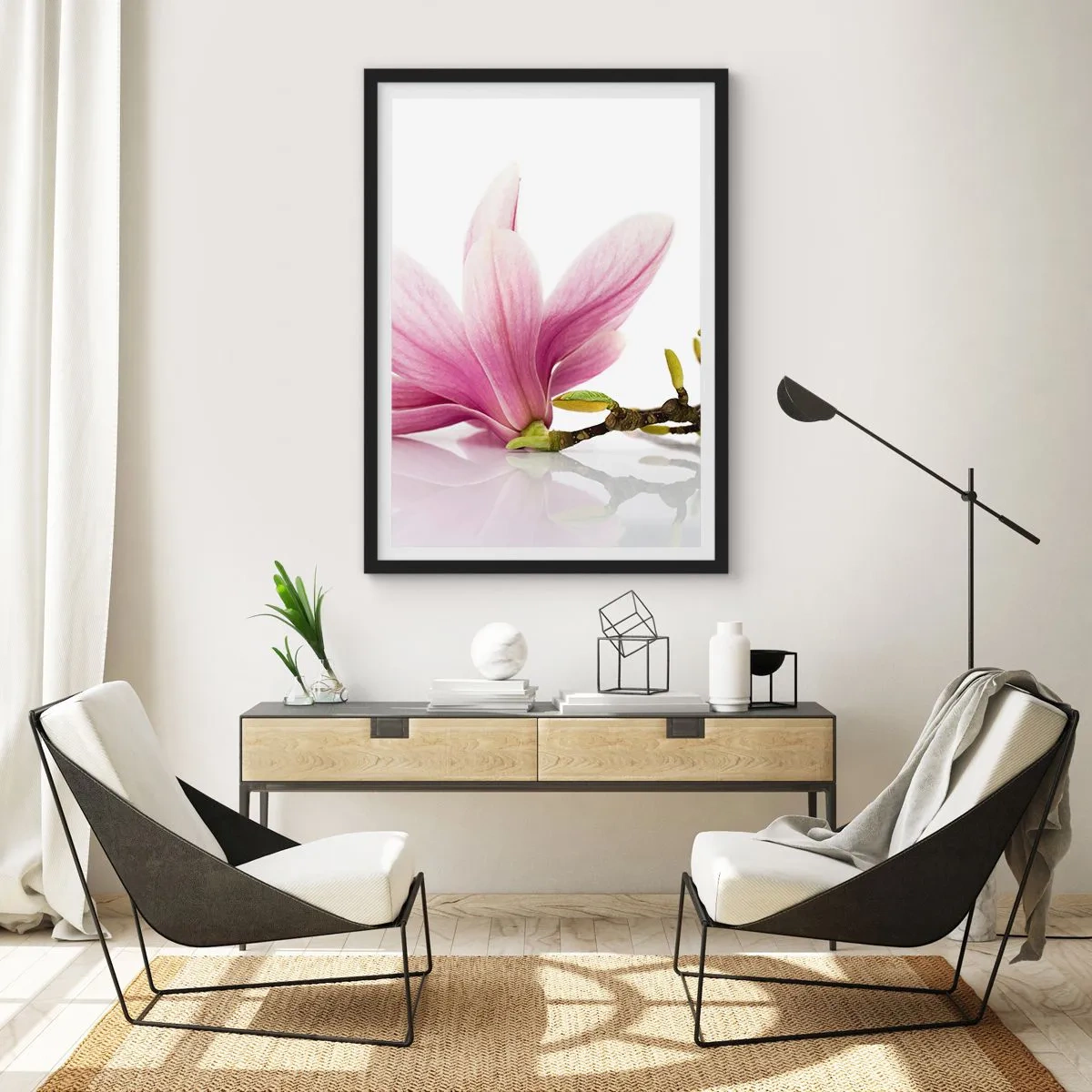 Pôster com moldura preta - Flor de magnólia rosa em um galho com fundo branco - 50x70cm - Suave como um sopro de primavera - Decoração de parede moderna para a sala de estar e quarto ARTTOR