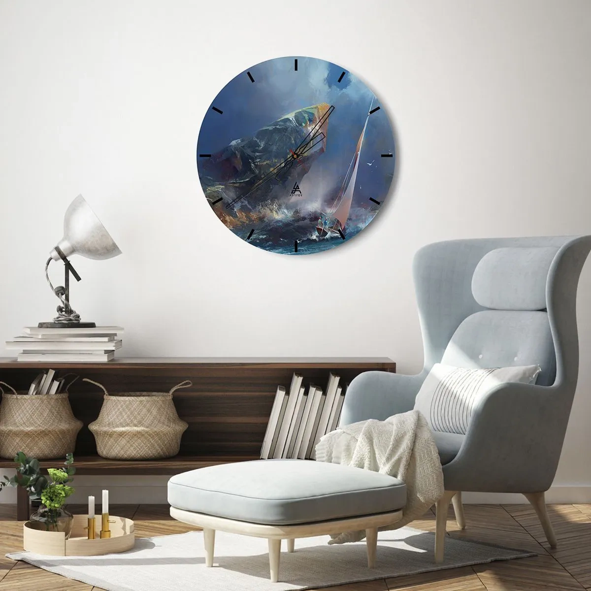 Relógio de parede - Relógio em vidro - Um iate em um mar tempestuoso perto de rochas em estilo abstrato. - 30x30cm - Quem tem coragem ganha - Decoração de parede moderna para a sala de estar, cozinha e quarto ARTTOR