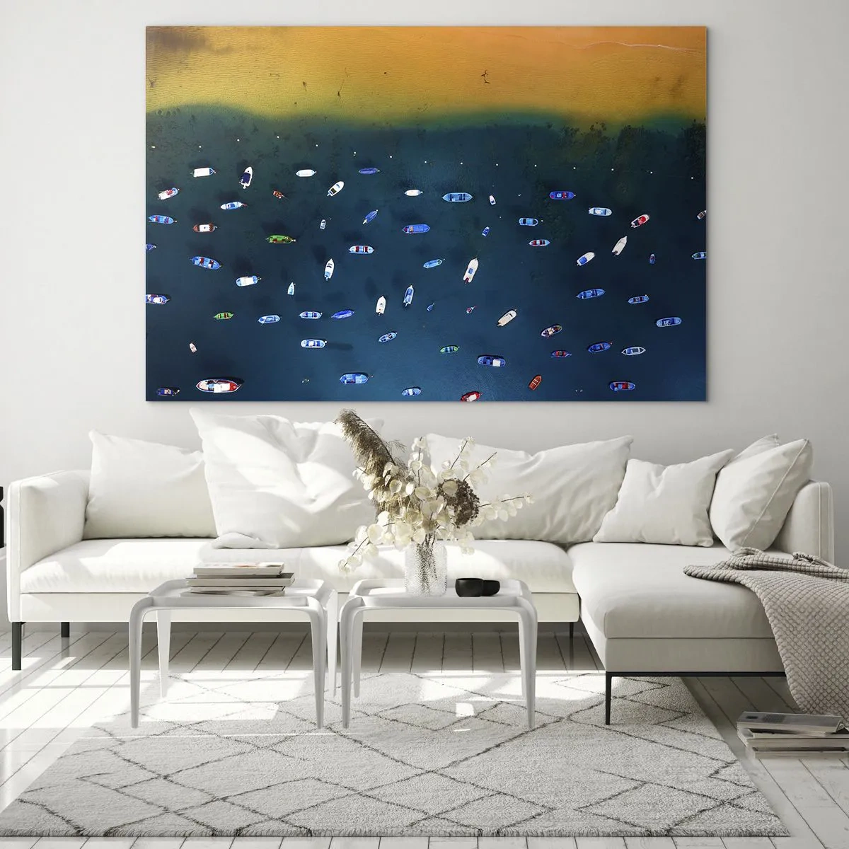 Quadro em vidro - Barcos com águas azul-turquesa e uma costa dourada como pano de fundo - 70x50cm - Jogo de férias - Decoração de parede moderna para a sala de estar e quarto ARTTOR